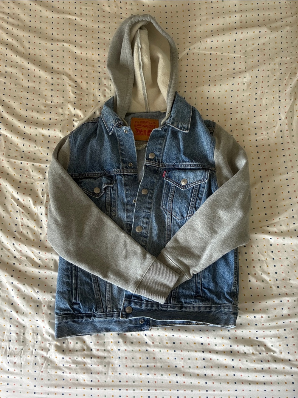 Denim Jacket with Gray Hoodie Sleeves